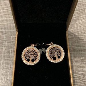 New Rose Gold Plated Crystal Accented Tree of Life Hook Drop Dangle Earrings